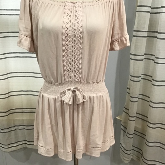 Ocean Drive Women Size Med Baby Pink Off Shoulder Eyelet Crochet Mini Dress Boho - Picture 6 of 11
